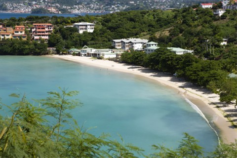 WEST INDIES, Grenada, St George, The aquamarine sea and tree lined white sand of BBC Beach in Morne