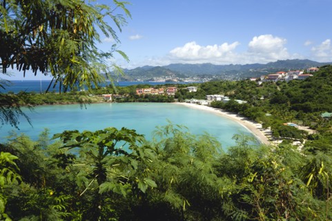 WEST INDIES, Grenada, St George, The aquamarine sea and tree lined white sand of BBC Beach in Morne