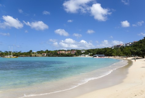 WEST INDIES, Grenada, St George, The aquamarine sea and tree lined white sand of BBC Beach in Morne