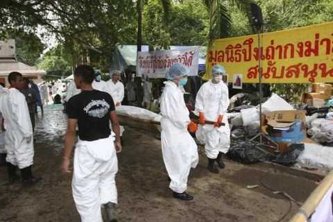 THAILAND, Phang Nga District, Takua Pa, "Tsunami. A body is taken to refridgerated containers after