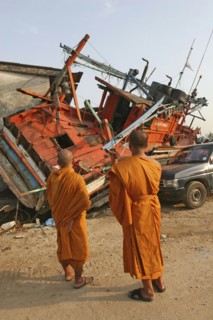 THAILAND, Phang Nga District, Nam Khem, "Tsunami. Monks looks at the damage caused by the tsunami,