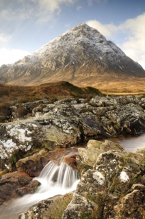 Scotland, Argyll, Glen Coe, River & Autumn colours of Buachaille Etive Mor