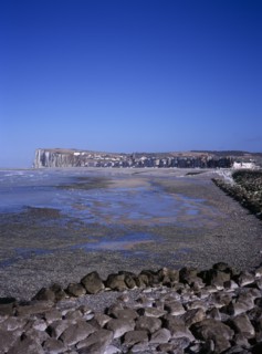 FRANCE, Normandy, Mers les Bains, View north east along shoreline by town Mers les Bains. Chalk
