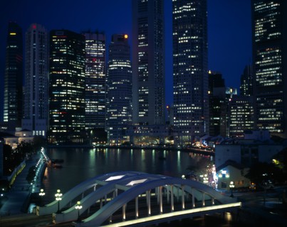 SINGAPORE, Cityscapes, The Singapore river basin and city skyline illuminated at night