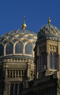 GERMANY, Berlin, "Neue Synagogue. Part view of exterior facade and domes of building restored in