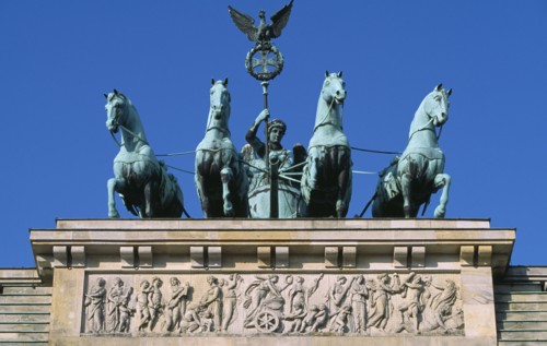 GERMANY, Berlin, "The Brandenburg Gate.  The Quadriga on top of the gate.  Chariot drawn by four