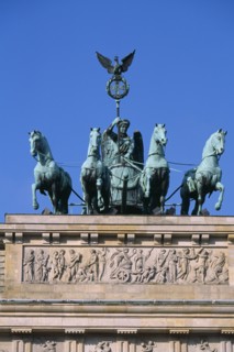 GERMANY, Berlin, "The Brandenburg Gate.  The Quadriga on top of the gate.  Chariot drawn by four