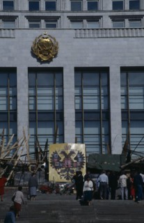 RUSSIA, Moscow, Parliament building with barricades made from pieces of wood and metal after an