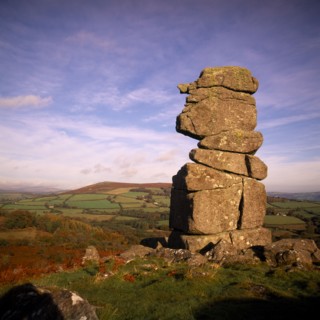ENGLAND, Devon, Dartmoor, Bowerman’s Nose.  Dramatic granite tor shaped like face in profile with
