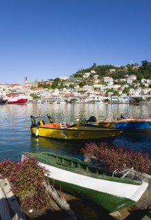 WEST INDIES, Grenada, St Georges, The Carenage harbour in the capital with houses lining the