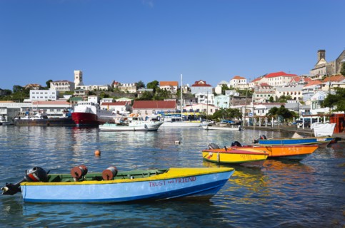 WEST INDIES, Grenada, St Georges, The Carenage in the capital with houses lining the hillside and