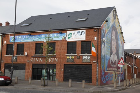 IRELAND, North, Belfast, "Falls Road, Mural of Bobby Sands on the gable end of the Sinn Fein