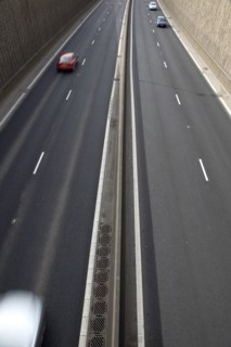 TRANSPORT, Road, Cars, View over empty carriageways on the Westlink underpass in Belfast.