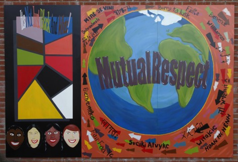 IRELAND, North, Belfast, "West, Falls Road, Mural with a message about Mutual Respect of cultures