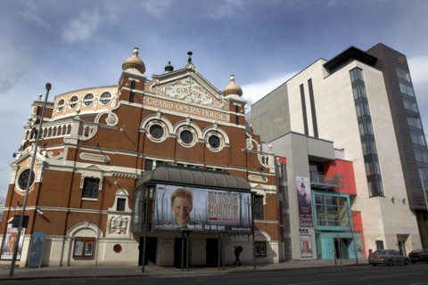 IRELAND, North, Belfast, "Great Victoria Street, Exterior of the Grand Opera House with its modern