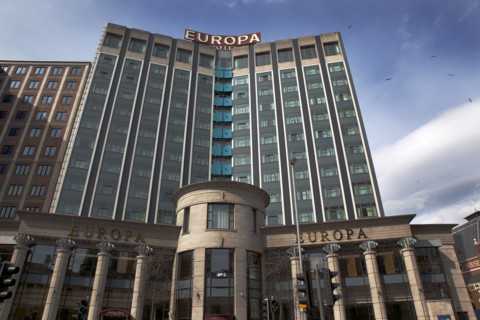 IRELAND, North, Belfast, "Great Victoria Street, Exterior of the Europa hotel, once the most bombed