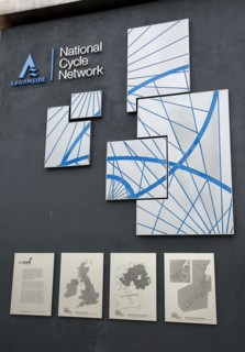 IRELAND, North, Belfast, "Donegall Quay, Laganside National Cycle Network sign with maps."