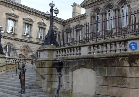IRELAND, North, Belfast, "Custom House Square, Bronze statue of The Speaker on the steps. The site