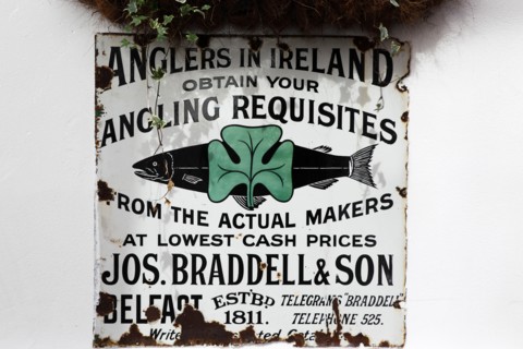 IRELAND, North, Belfast, "Cathedral Quarter, Commerical Court, Old metal fishing permit sign