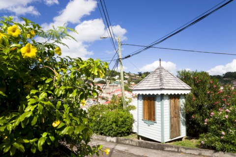WEST INDIES, Grenada, St George, Colourful sentry post set amongst flowering plants on the road up