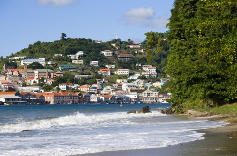 WEST INDIES, Grenada, St George, The hillside buildings and waterfront of the Carenage in the