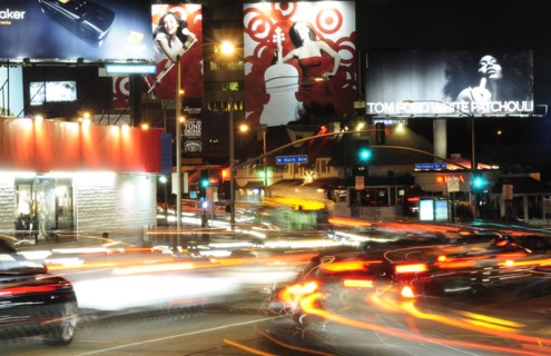 USA, California, Los Angeles, "Street scene, Sunset Boulevard at night"