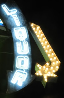USA, California, Los Angeles, "Liquor store neon sign, Sunset Boulevard"