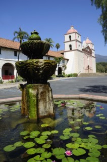 USA, California, Santa Barbara, Water fountain & Mission Santa Barbara