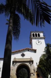 USA, California, Santa Barbara, "County Courthouse with palm, Santa Barbara"