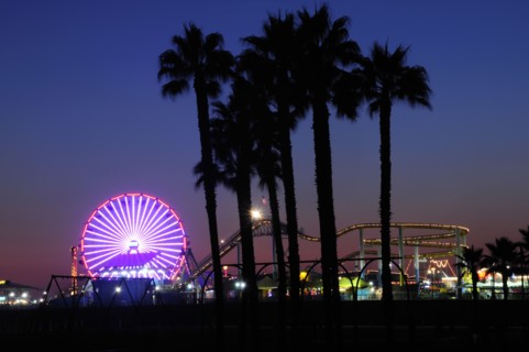 USA, California, Los Angeles, Santa Monica Pier & beach at night