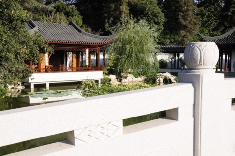 USA, California, Los Angeles, "Bridge & view to The Lotus Pavilion, The Garden of Flowing