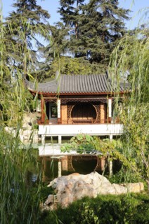 USA, California, Los Angeles, "View across lake to the Lotus Pavilion, Chinese Garden, The