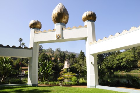 USA, California, Los Angeles, "View across lake to Windmill Chapel, Self Realization Lake Shrine,