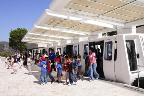 USA, California, Los Angeles, "Getty Centre, Richard Meier architect, tourists getting of train."