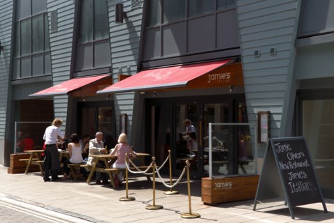 ENGLAND, East Sussex, Brighton, "Black Lion Street, Exterior of Jamies Italian Restaurant."