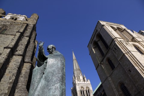 ENGLAND, West Sussex, Chichester, Statue of Saint Richard outside the Cathedral.