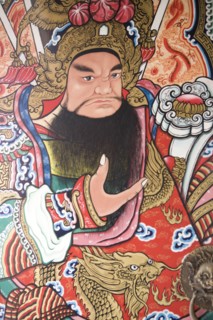 THAILAND, North, Chiang Mai, Pung Tao Gong Ancestral Temple. Close up of a colourful mural