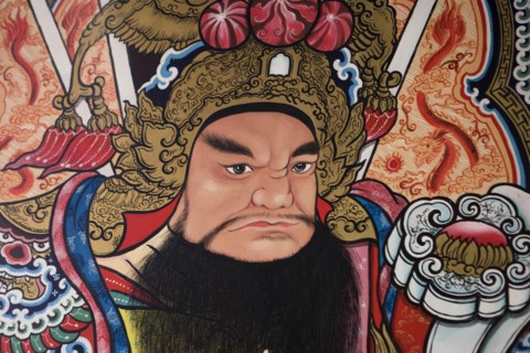 THAILAND, North, Chiang Mai, Pung Tao Gong Ancestral Temple. Close up of a colourful mural