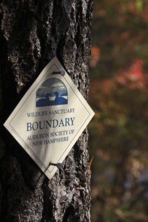 USA, New Hampshire, "Marlborough,", Audubon Wildlife Sanctuary sign Meetinghouse Pond. Nature