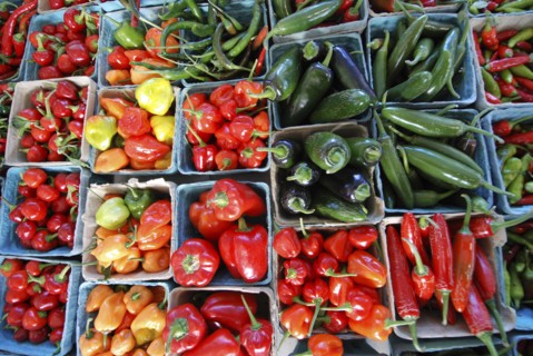 USA, New York State, Rochester, "Public Market, pints of different varieties of hot peppers, colors