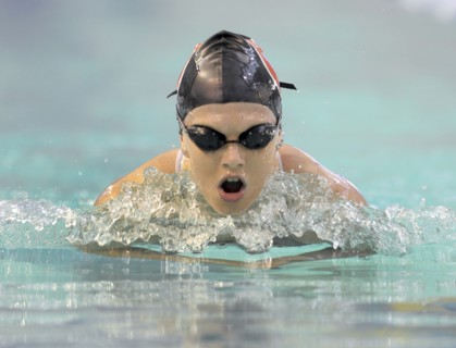 SPORT, Watersport, Swimming, "Womens Breast Stroke, Head on shot of swimmer. "