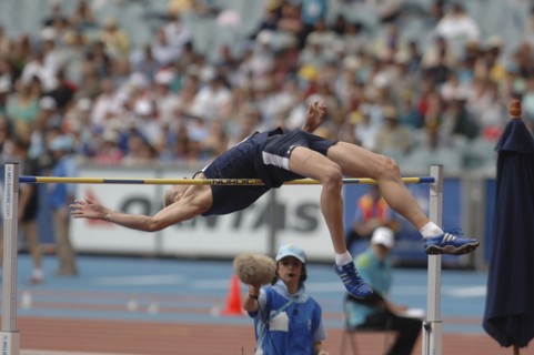 SPORT, Athletics, High Jump, "High Jumper doing the Fosbury Flop. Melbourne 2006 Commonwealth
