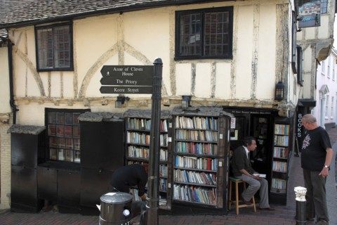ENGLAND, East Sussex, Lewes, "High Street, Keere Street cobbled pathway with traditional buildings