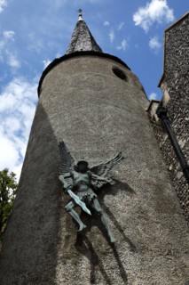 ENGLAND, East Sussex, Lewes, "High Street, St Michael's Church detail with sculpture of the