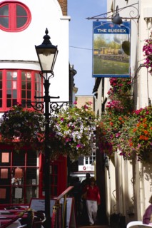 ENGLAND, East Sussex, Brighton, The Lanes Old fashioned streetlight lamppost outside The Sussex Pub