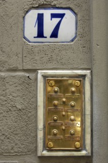 ITALY, Tuscany, Florence, No 17 Door Number and Brass Bell Plaque