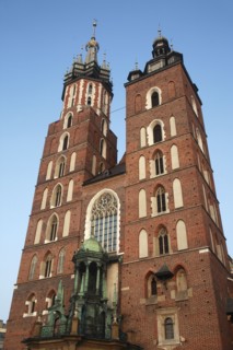 Poland, Krakow, Mariacki Basilica or Church of St Mary overlooking the Rynek Glowny the market