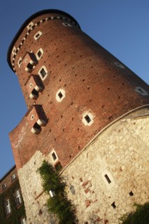 Poland, Krakow, angled view of the watch tower of Wawel Castle.
