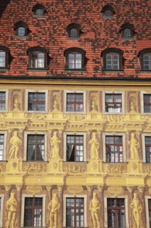 Poland, Wroclaw, detail of building facade with tromp l'oiel painted mural in the Rynek old town