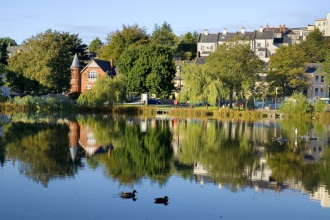 IRELAND, County Monaghan, Monaghan, Town, View across Peters Lake in town centre.